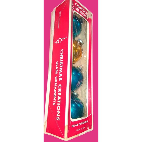 Vintage Christmas Creations Mercury Glass Ornaments Set Of 4 Blue Gold Made In U - Picture 3 of 9